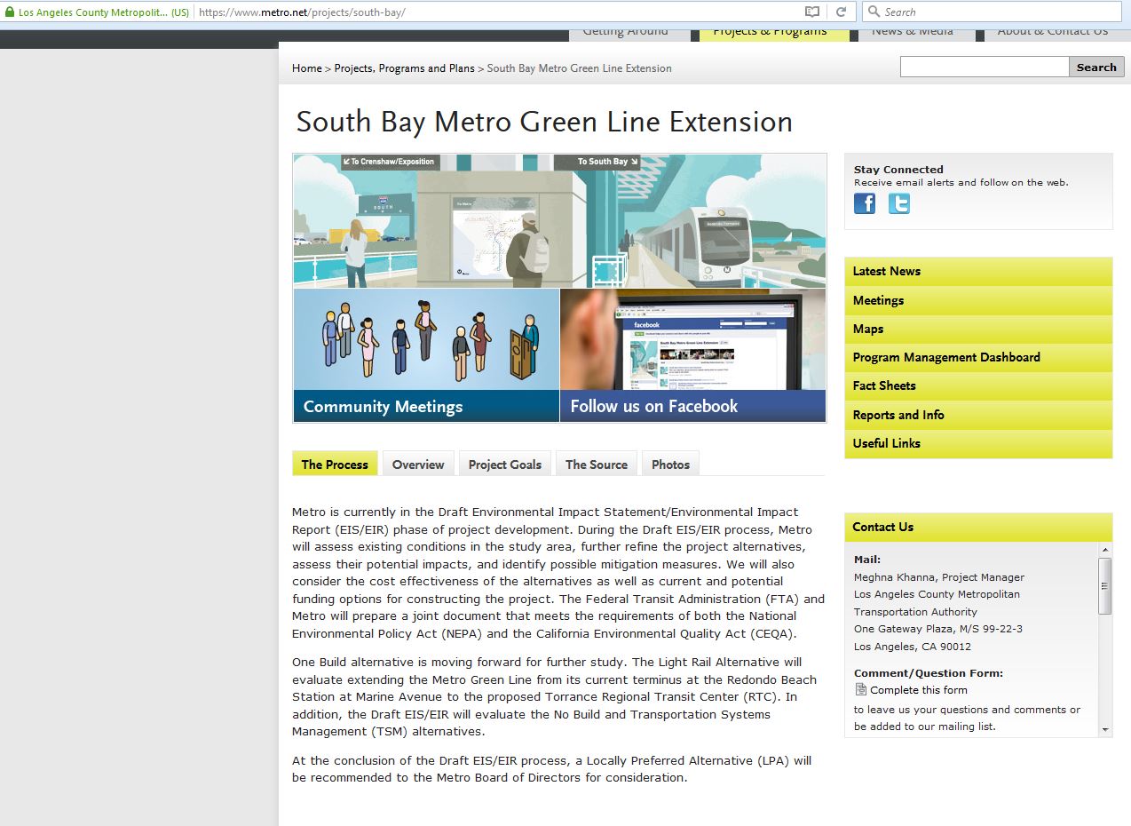 A webpage on LA Metro's website about the South Bay Green Line Extensions and its development processes